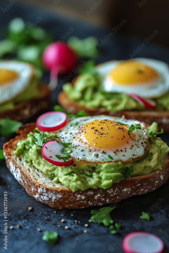 Delicious Avocado Toast Topped With Sunny Side up Eggs and Fresh Radishes for Breakfast Delicious Avocado Toast Topped With Sunny Side up Eggs and Fresh Radishes for Breakfast