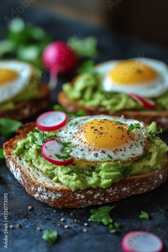 Delicious Avocado Toast Topped With Sunny Side up Eggs and Fresh Radishes for...