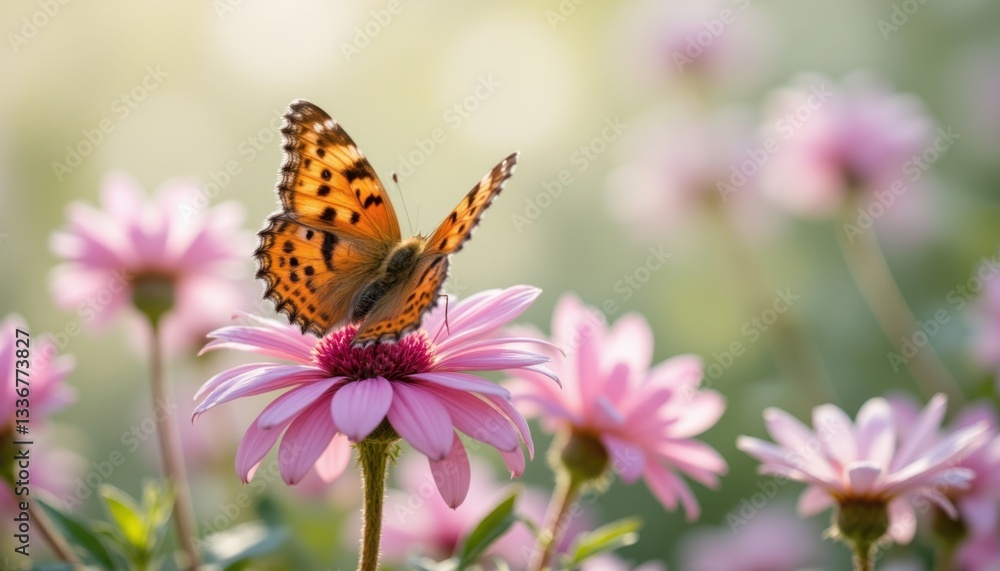 The delicate red band fritillary butterfly gently flutters its wings as it rests atop a vibrant pink flower