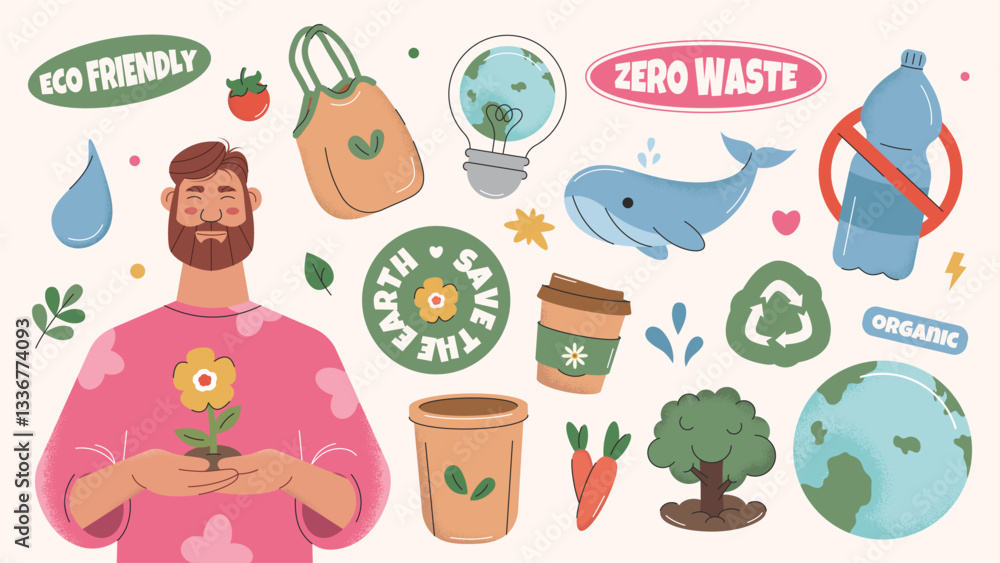 Fototapeta premium Eco-friendly stickers collection. Elements for Earth or World Environment Day in flat hand drawn style. Zero waste, recycle, save Earth, less plastic concepts.