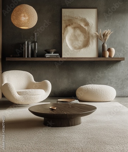 Cozy Modern Living Room With Natural Elements and Warm Light in a Serene Setting