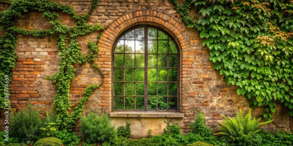 Old stone brick wall with large arched window and overgrown greenery in a rustic garden setting, arch, stone, arch Old stone brick wall with large arched window and overgrown greenery in a rustic garden setting, arch, stone, arch