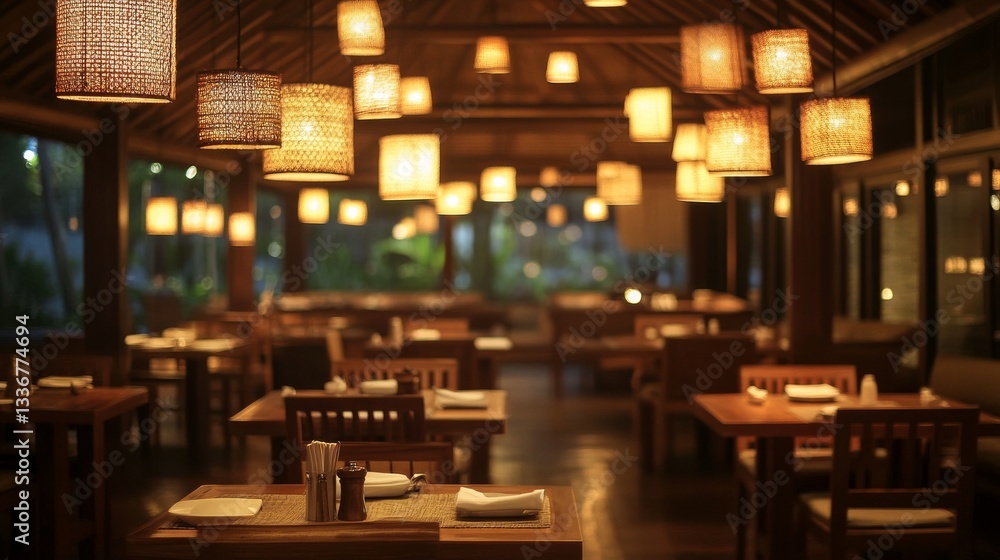 Obraz premium Cozy evening ambiance in empty wooden restaurant with warm lighting