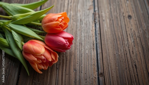 Red Tulips, Beautiful bouquet of red and pink tulips on wooden background, Picture of three tulips arrangement laying on wooden table with blurred background