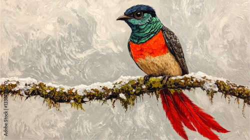 Vibrant Trogon Bird on Snow-Covered Branch: Colorful Vector Illustration with Red Feathers and Textured Background - Nature Art and Wildlife Design
