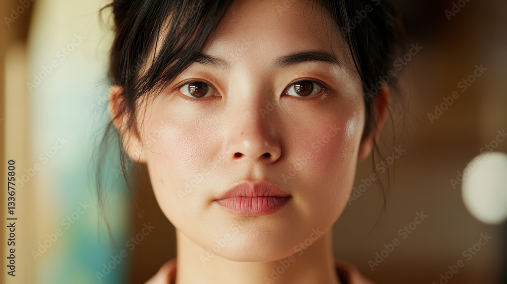Naklejka premium close up portrait of mid 20s East Asian woman with natural makeup, soft lighting, and serene expression, set against blurred indoor background