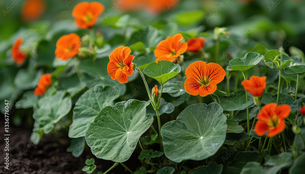 Bright orange nasturtium flowers bloom vibrantly among lush green leaves in sunlit garden, showcasing their beauty and love for sunlight. These cheerful flowers thrive in warm conditions Bright orange nasturtium flowers bloom vibrantly among lush green leaves in sunlit garden, showcasing their beauty and love for sunlight. These cheerful flowers thrive in warm conditions