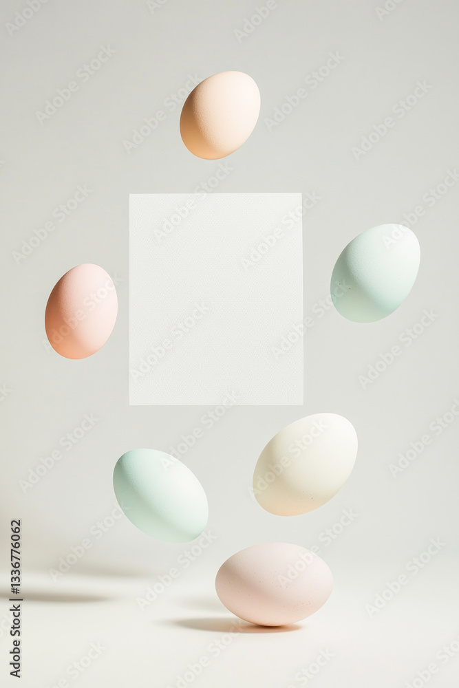 Levitating composition of blank white postcard mockup and pastel Easter eggs on light gray background. Easter card mockup Levitating composition of blank white postcard mockup and pastel Easter eggs on light gray background. Easter card mockup