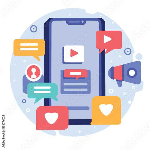 2d vector illustration colorful social media boost , influence blogger E-marketer via Internet pages marketing referral
