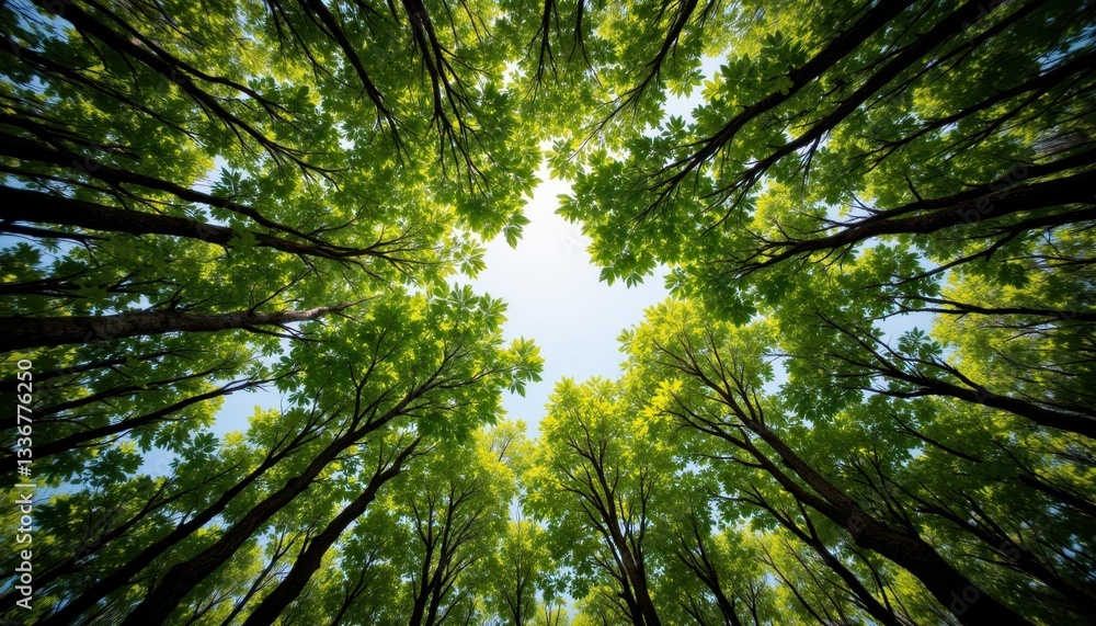 Fototapeta premium The bottom up view of the green mangrove forest canopy reveals a dense network of interlocking branches and leaves