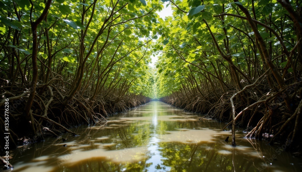 From a low angle looking up, the intricate pattern of green mangrove leaves and branches forms a natural umbrella overhead, casting dappled sunlight onto the muddy waters below From a low angle looking up, the intricate pattern of green mangrove leaves and branches forms a natural umbrella overhead, casting dappled sunlight onto the muddy waters below