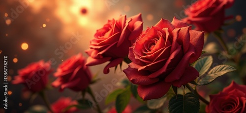 Wallpaper Mural surreal Mother's day, Valentine's day digital artwork, a cluster of deep red and golden roses floating in zero gravity against a cosmic nebula background Torontodigital.ca