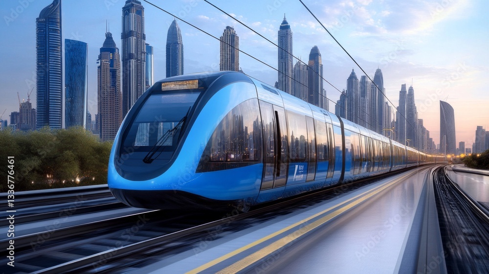 Fototapeta premium Modern train on a futuristic urban background, perfect for illustrations in articles about technology, transportation or urban development.