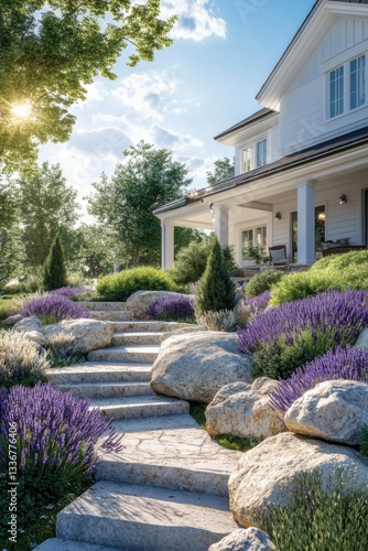 Wallpaper Mural Beautiful garden pathway with lavender leading to a charming white house on a sunny day in a serene setting with lush greenery Torontodigital.ca