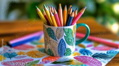 Colorful Pencils in a Bright Mug on a Desk With Creative Supplies and Plants ...