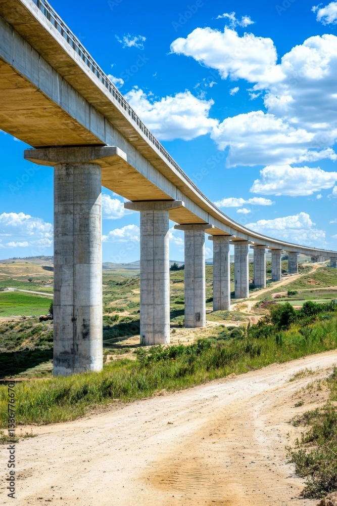 A modern bridge spans across a scenic landscape under a bright blue sky A modern bridge spans across a scenic landscape under a bright blue sky