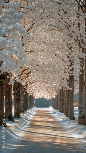 Cherry Blossom Trees Create a Serene Pathway in Spring With White Flowers and...