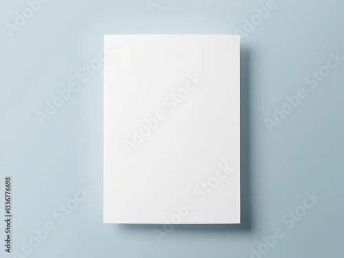 Blank white A4 paper mockup on light blue background.	
