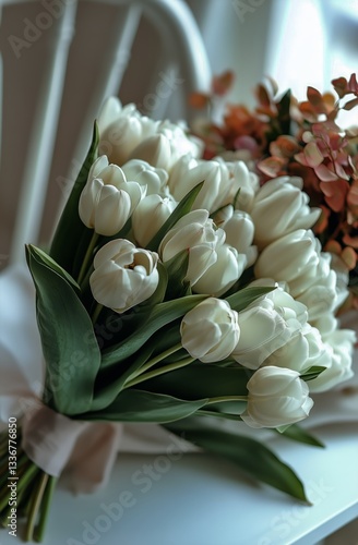Freshly Picked White Tulips and Pink Roses Arranged on a Table in Natural Lig...