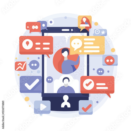 2d vector illustration colorful social media boost , influence blogger E-marketer via Internet pages marketing referral
