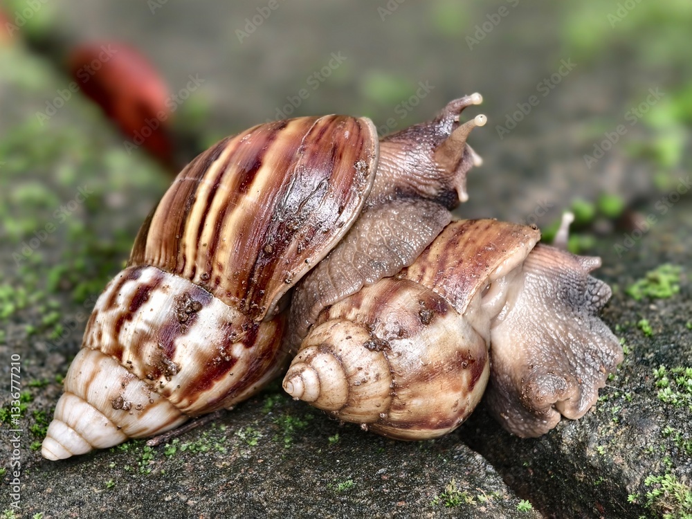 Fototapeta premium Two Giant African Land Snails or Achatina fulica, mating and interacting on a mossy path