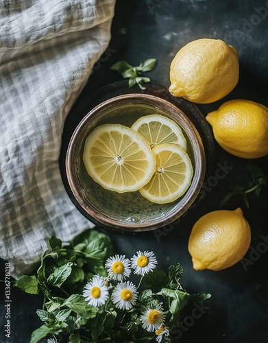 Refreshing Lemon Infusion in a Copper Pot With Mint on a Marbled Countertop