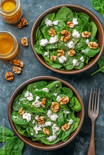 Fresh Spinach Salad With Walnuts and Feta Served in Wooden Bowls