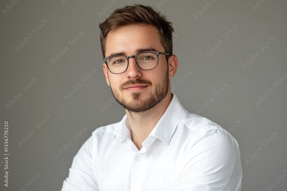 Portrait of a man with glasses and a white shirt on gray Portrait of a man with glasses and a white shirt on gray