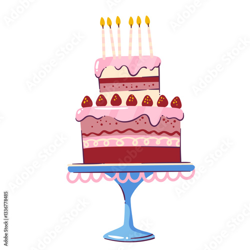 Strawberry cake with pink cream and burning candles on stand. High tray with dessert for birthday party, wedding. Celebration mascot, cake on plate cartoon vector illustration