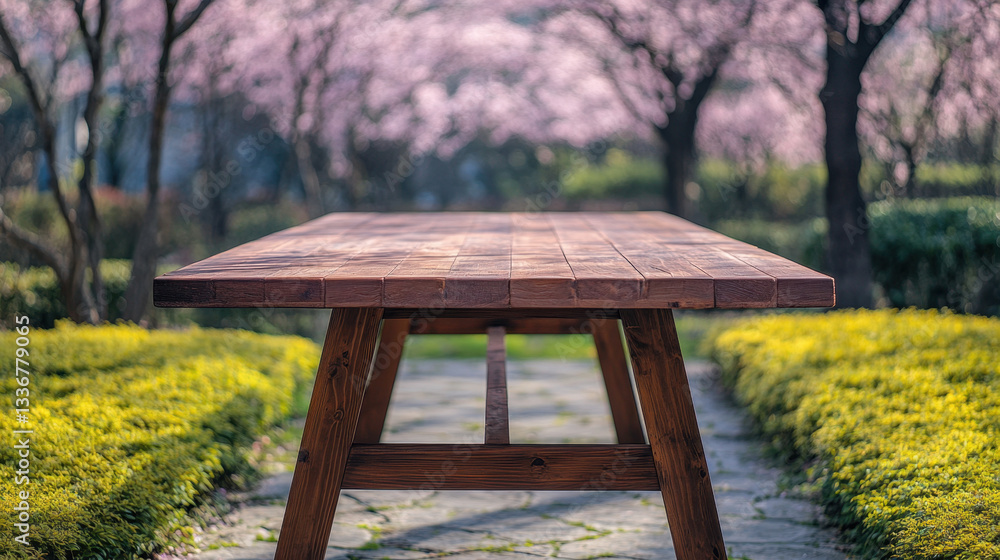 Empty wooden table in serene park surrounded by blooming cherry blossoms, with stone pathway and lush greenery creating peaceful and inviting atmosphere Empty wooden table in serene park surrounded by blooming cherry blossoms, with stone pathway and lush greenery creating peaceful and inviting atmosphere