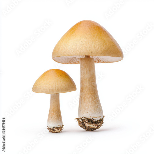 Two fresh mushrooms displayed on a clean white background emphasizing their unique shapes and textures ideal for culinary usage and healthy cooking