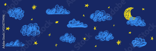 Set of abstract pencil clouds, golden stars and moon. Hand drawn cartoon cloudy night sky. Vector illustration of collection of blue eddy on blue background. Like children's drawing with pencils.