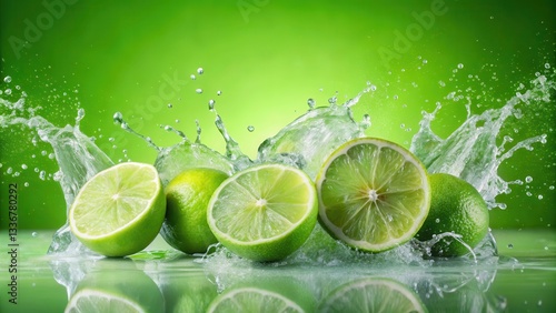 Fresh limes water explosion in a light green background, green, lime, green, lime, citrus, refreshment, colorful, liquid, juice