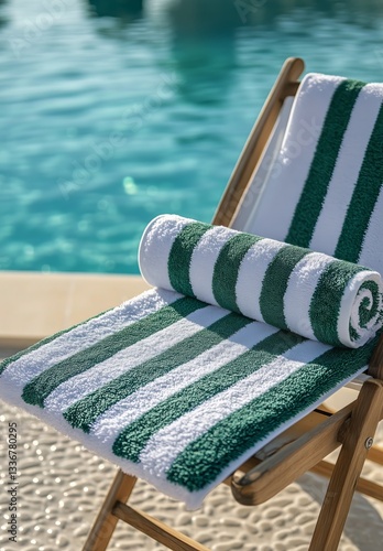Comfortable Lounge Chair With Towels by the Turquoise Pool in Bright Sunlight