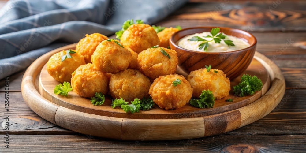 Golden conch fritters on a wooden plate with dipping sauce , delicious seafood Golden conch fritters on a wooden plate with dipping sauce , delicious seafood