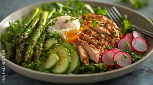 Healthy Salad Topped With Poached Egg, Asparagus, Avocado, and Radishes Serve...