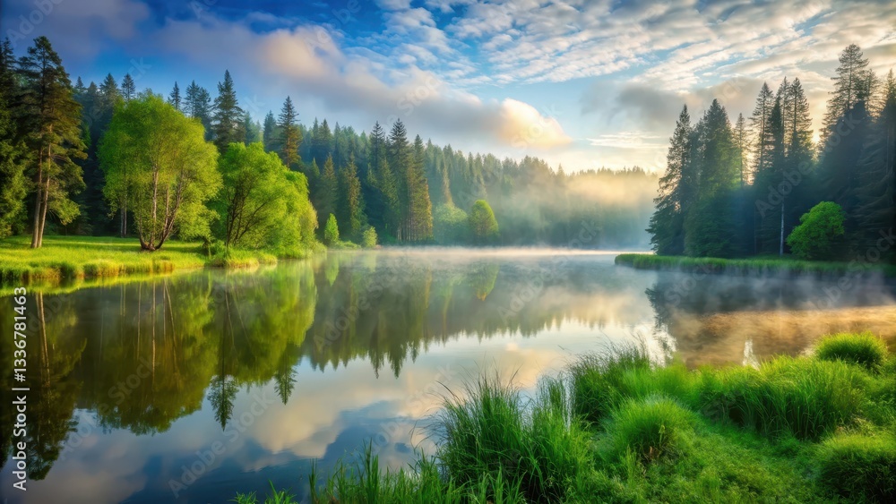 forest landscape with serene lake and lush green grass under misty morning sky forest landscape with serene lake and lush green grass under misty morning sky