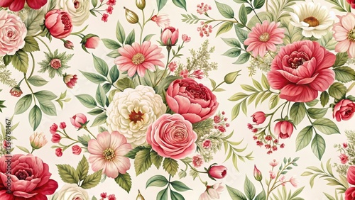 Wallpaper Mural Vintage floral pattern with pink and red flowers in a retro style featuring delicate petals and greenery, set against a soft white background , floral design, classic patterns Torontodigital.ca