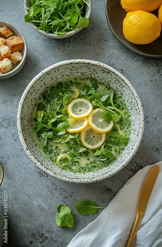 Fresh Pea Soup With Lemon Slices and Greens Served in a Bowl on a Textured Table