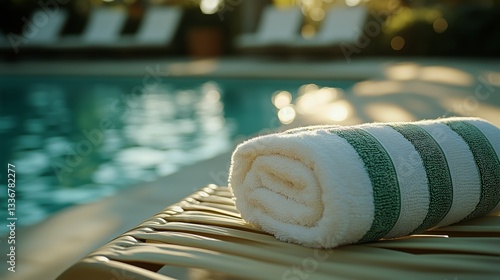 Soft White Towel With Green Stripes Placed on a Lounge Chair Beside a Shimmer...
