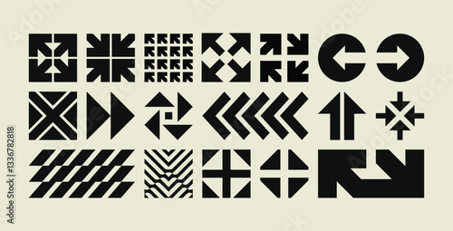 Abstract geometric arrow symbols and directional icons in black and white.