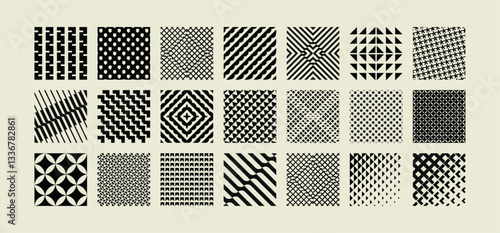 Collection of vector seamless geometric ornament patterns in different styles. Monochrome repeatable backgrounds.