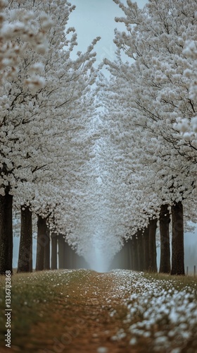 Cherry Blossom Trees Create a Serene Pathway in Spring With White Flowers and...
