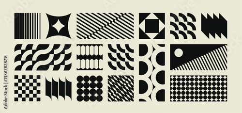 Collection of vector seamless geometric ornament patterns in different styles. Monochrome repeatable backgrounds.