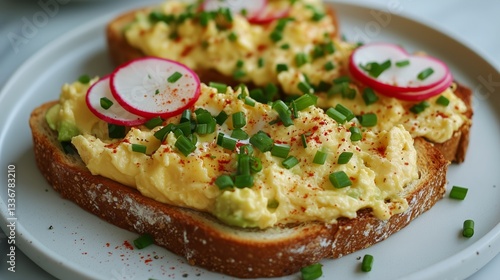 Delicious Open-Faced Sandwich Topped With Creamy Egg Salad, Radishes, and Gre...