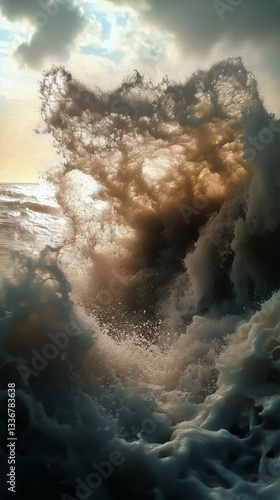 Powerful Ocean Wave Crashing on Sandy Beach Under Overcast Sky