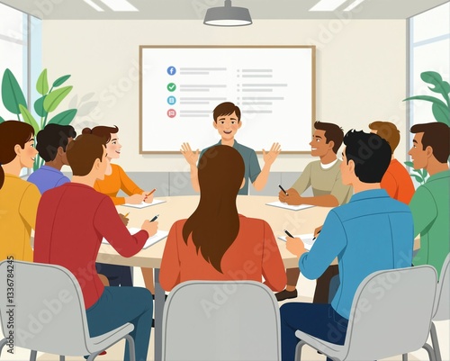 A diverse group of people engages in a meeting, with one individual presenting ideas in a modern, well-lit conference room.