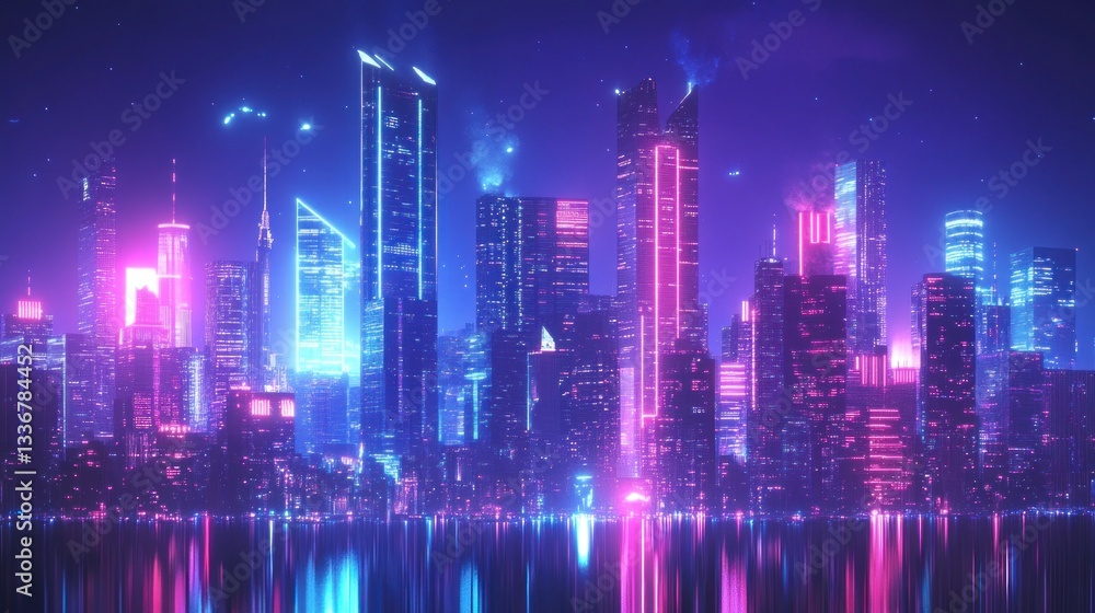 Fototapeta premium Neon Cityscape at Night: A Futuristic Metropolis Reflecting in Calm Waters