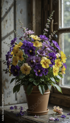 Wallpaper Mural vibrant bouquet of purple and yellow pansies in terracotta pot sits on rustic windowsill, with soft natural light streaming through window, creating serene and cheerful atmosphere Torontodigital.ca