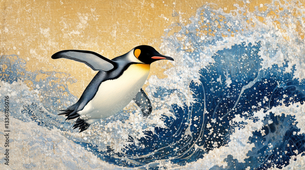 Fototapeta premium A stylish and dynamic image of a penguin, executed in traditional Japanese aesthetics. 